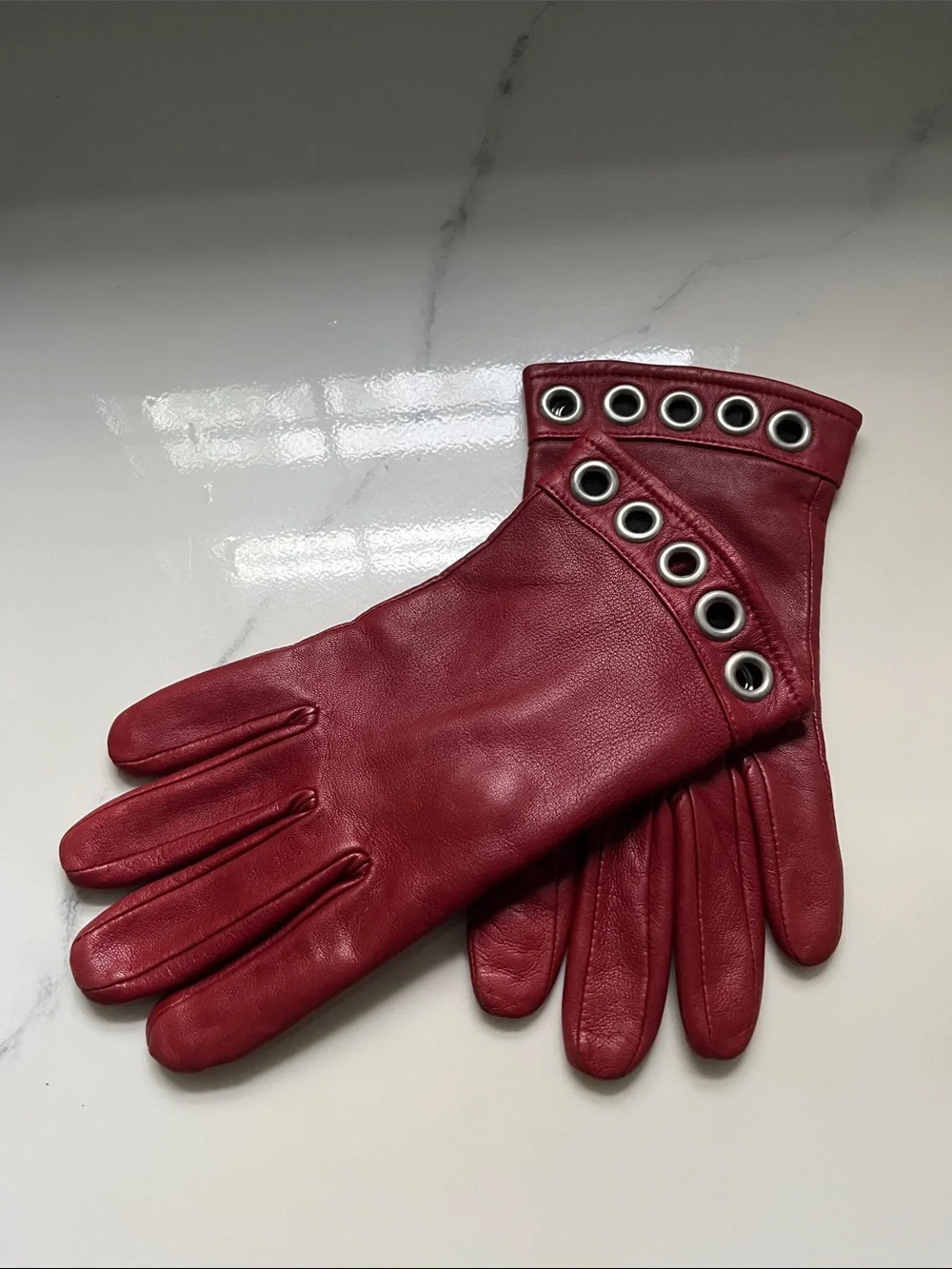 Women’s Red Leather Gloves with Grommet Detail